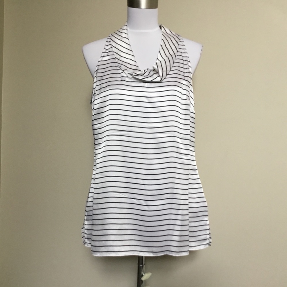 NWOT WHBM black silk stripe cowl neck blouse top M